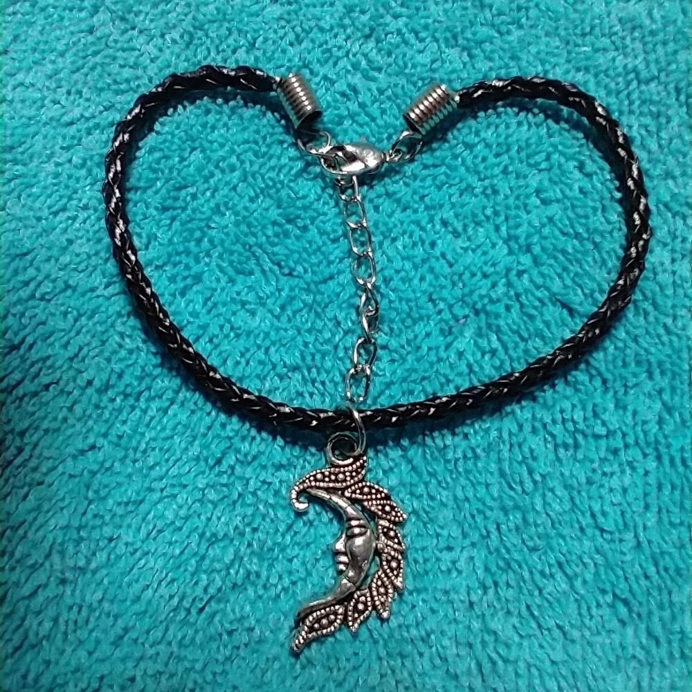 Black braided cord silvertone moon bracelet